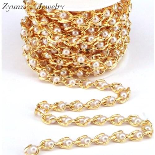 5 Meters, Gold Metal Twisted Chains with Round Pearl Shell Beads For Diy Jewelry Findings Accessories