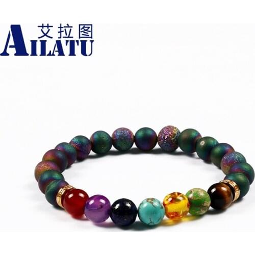 Ailatu New Arrival 8mm Scrubs Opening Laugh Stone Beads with Gorgeous Rainbow Color Stone Beads Bracelet