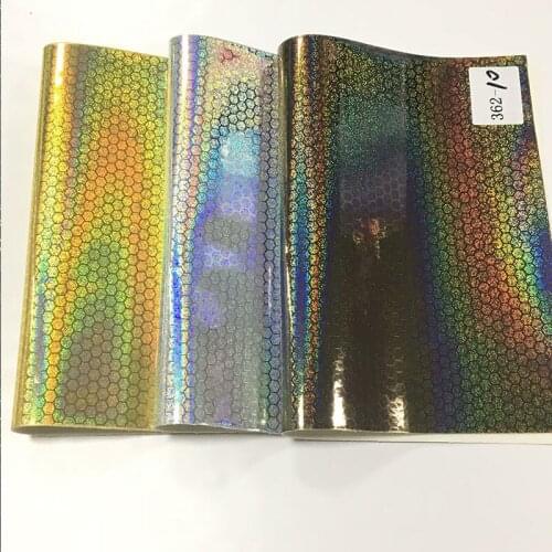 135x30cm Hexagon Design Printed PU Holographic Rainbow Laser Faux Leather Fabric Sheet for Shoe/Bag/Handbag/DIY Accessories