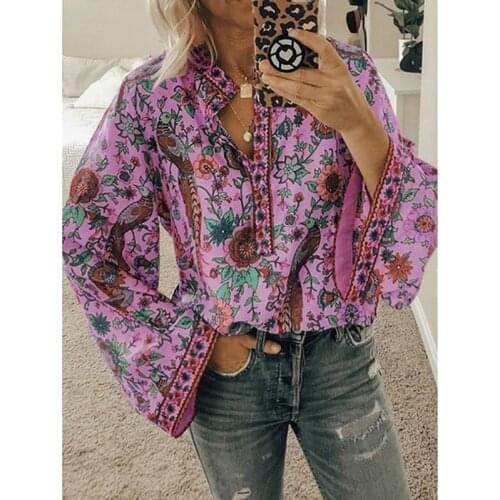 2020 Hot Sale Women Boho Blouses Ladies Fashion Print Floral Shirt V-Neck Peacock Print Shirts Female Casual Loose