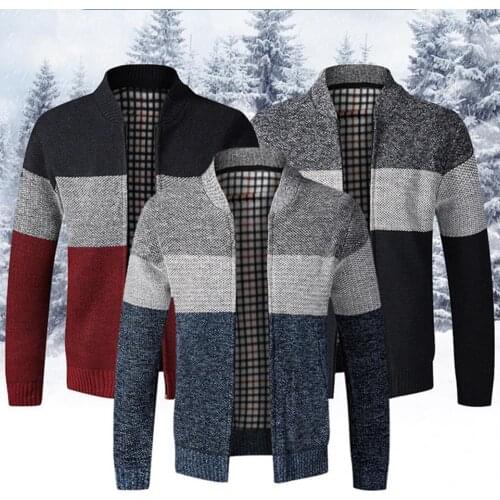 65% Dropshipping!!Mens Cardigan Long Sleeve Stand Collar Coat Color Block Warm Plush Autumn and Winter Jacket