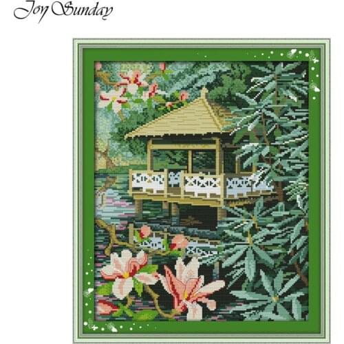Joy Sunday Pavilion with flowers Counted Cross Stitch Landscape DMC 11CT 14CT Printed Cross Stitch Kit for Embroidery Home Decor