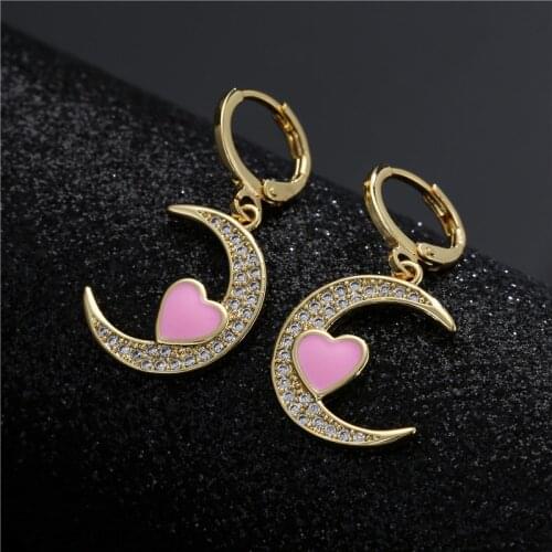 Wholesale 2021 New Fashion Gold Color Heart Moon Drop Earrings For Women Girl CZ Micro Pave Oil Wedding Jewelry Birthday Gift