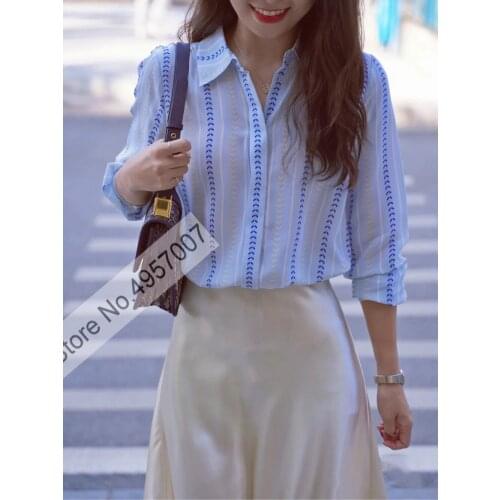 Elfbop Lapel Long Sleeve Silk Contrast Printing Blouse Shirt