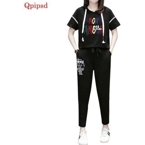 Large Size Sporting Sets Women Summer Casual Loose Two Piece Sets Female Short T-shirts&pants Suit Sets Womens Black Hooded Tops