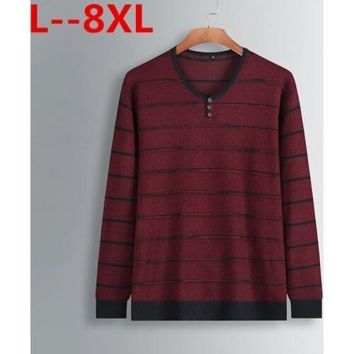Plus 8XL 6XL 5XL 4XL autumn New Striped Sweater Men Contrast Color Slim Fit 100% Cotton V-neck Plus Size Knitted Pullovers