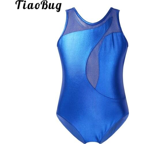 TiaoBug Kids Patent Leather Sleeveless Asymmetrical Tulle Splice Gymnastics Leotard Girls Ballet Stage Performance Dance Costume