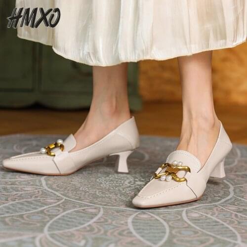HMXO French Solid Kitten Heel Shoes High Heels Square Toe Thick Heel Mid-heel Single Shoes Soft Leather Metal Buckle Trend Shoes
