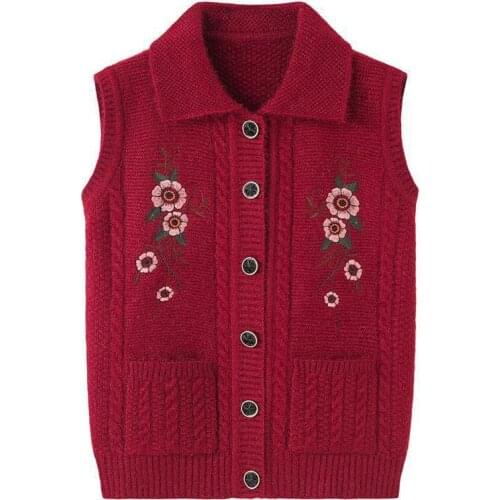 Spring Autumn Women Knitted Sweater Vest Cardigan Middle-aged and Elderly Womens Sweater Coat Casual embroidery grandma outfit