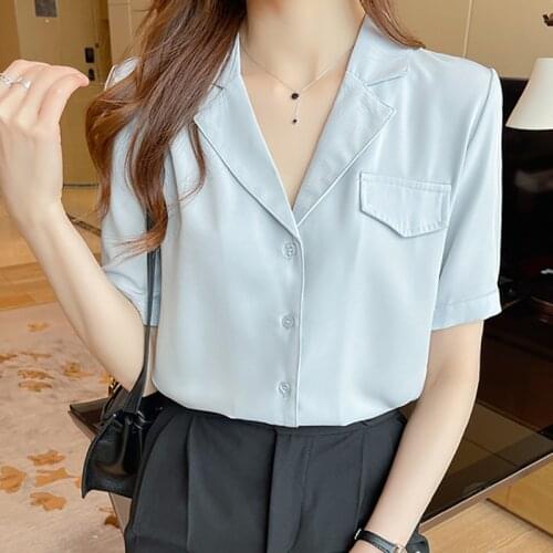 Notched Office Lady Women Blouses Button Korean Fashion White Shirt Woman Short Sleeve 2021 Summer Female Tops Chemisier Femme