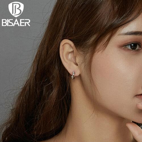 BISAER New 925 Sterling Silver Clear CZ Forever Circle Earrings Geometry Stud Earrings for Women Fashion Wedding Earrings EFE440