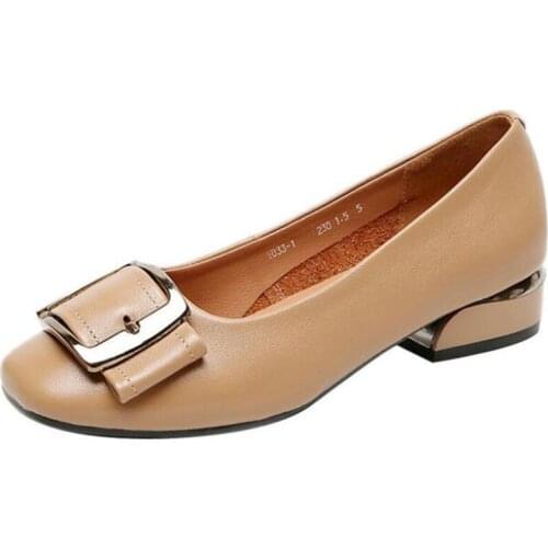 High Quality 2020 New Spring Square Head Bow Elegant Temperament High Heel Shoes Woman Genuine Leather Shoes Large Size Shoes