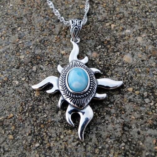 Natural Dominica Larimar Jewelry 925 Sterling Silver Larimar Sun Pendant 925 Silver Women Necklace For Gift