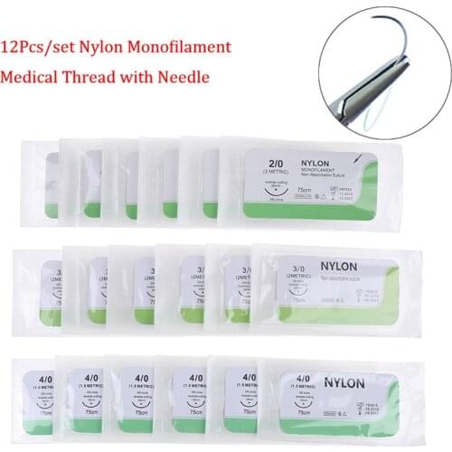 12 PCS 2/0 3/0 4/0 Needle Suture Nylon Monofilament Non-injured Suture Medical Thread Suture for Medical Surgical Suture Tool