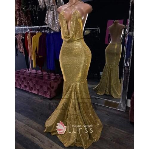 2021 Sexy Sequins Evening Dress Mermaid Deep V Neck Sleeveless Floor Length Lace Appliques Evening Prom Party Gowns