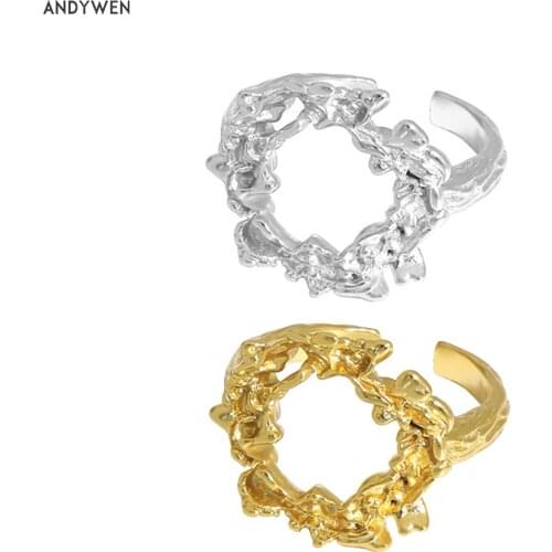ANDYWEN 925 Sterling Silver Gold Irregular Geometric Round Resizable Rings 2021 Rock Punk Fashion Wedding Gift Special