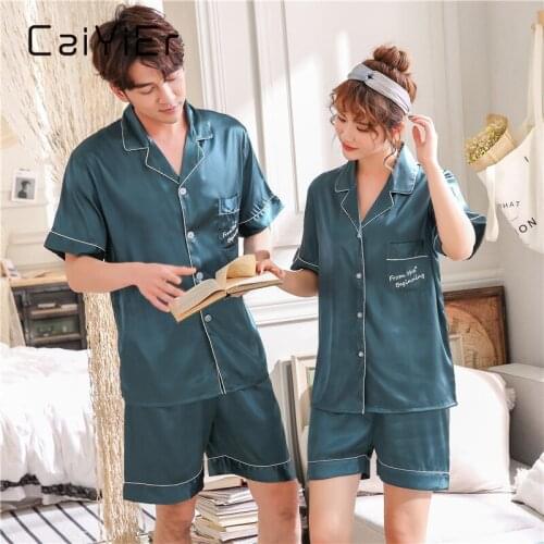 CAIYIER Couple Pajamas Set Summer Embroidery Letters Luxury Sleepwear Sexy Silk Satin Women & Men Nightwear Home Clothing M-3XL