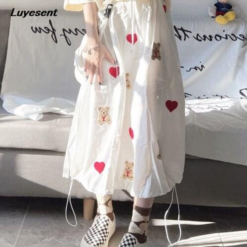 Black White Girl Kawaii Sweet Long Skirt Summer Lady High Waist Lovely Heart Bear Embroidery Skirts Draw String Harajuku Clothes