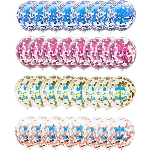 1/2/3 Years Old Baby Kids Birthday 12inch Crown Confetti Transparent Latex Balloon Set Boy Girl Happy Birthday Party Supplies