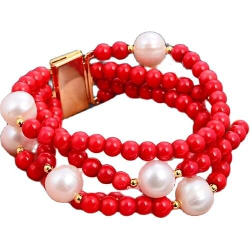 GG Jewelry 8'' 4 Strands 10mmWhite Round Pearl 6mm Round Red Coral Bracelet