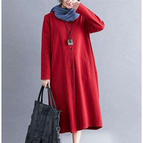 Stand Collar Button Cardigan Fashion Blouse Dress Soft Cotton Long Sleeve Autumn Dress Plus Size Women Casual Midi Spring Dress