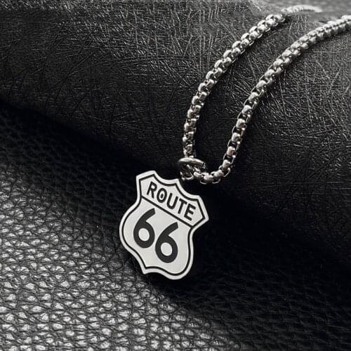 Retro ROUTE 66 Sign 316L Stainless Steel Hip Hop American Historic US Highway Road Pendant Necklace