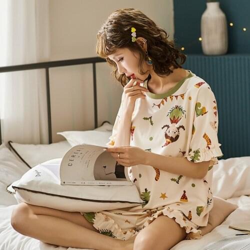 KISBINI Summer Women Cotton Pyjamas Set Cartoon Printed Short Sleeves Pajamas Set Female Loose Sleepwear Homewear
