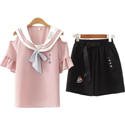 Women Sets Sailor Collar Flare Sleeve Off Shoulder Chiffon Blouse And High Waist Mini Shorts 2021 Smmer Women Two Piece Outfits