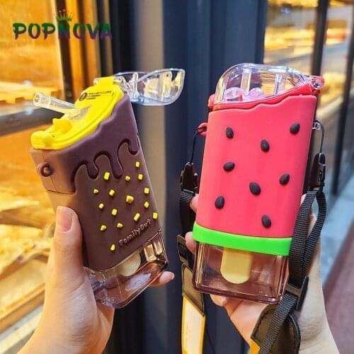 Cute Ice Cream Water Bottle With Straw Creative Watermelon Cup Portable Leakproof Tritan Bottle BPA Free For Adults Children