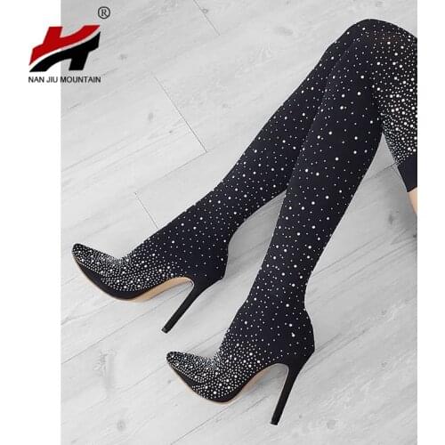 NAN JIU MOUNTAIN 2021 Womens Boots Autumn Over The Knee Boots Fashion Rhinestone Pointed High Heel Outdoor Womens Shoes