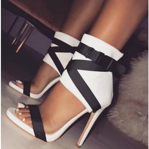 Summer New Sexy Woman Party Open Toe Cross Lace Up Belt Buckle Zip Back Thin Heels High Heel Plus Size Dress Sandals Shoes Lady