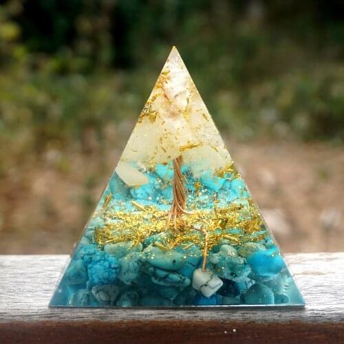 Handmade Orgonite Pyramid 60mm Tree of Life White Quartz With Turquoise HEALING Crystal Reiki Orgone Chakra EMF Protection