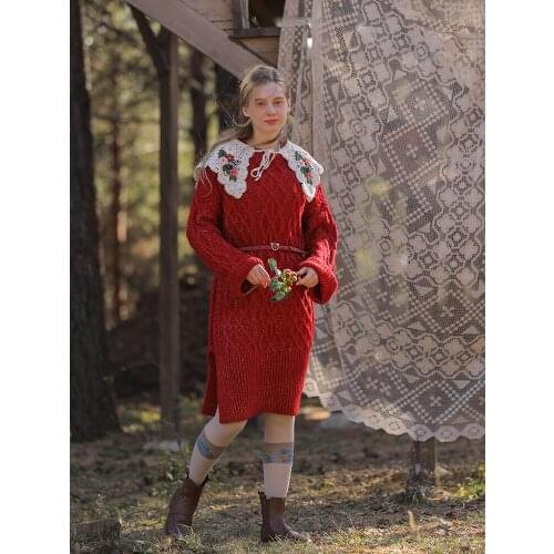New Fall Winter Dress Women Elegant Slim Korean Fashion Casual Dress Handmade Embroidery Sweet Warm Christmas Red Sweater Dress