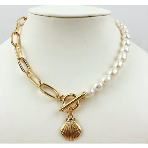 Boho Fashion Necklace Freshwater Pearl Shell Pendant Necklace Genuine Semi-Baroque Pearl Jewelry Pendant Necklace for Women