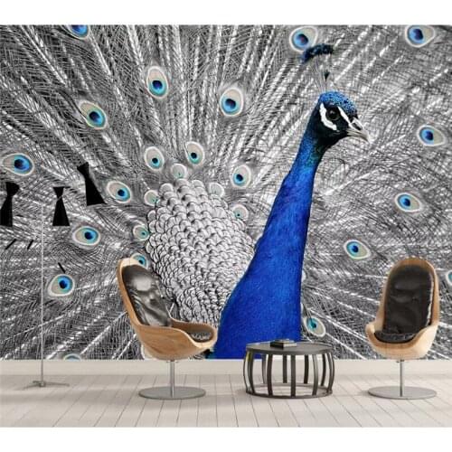 Custom 3D Wallpaper Modern Simple Aesthetic Blue Peacock Open Background Wall Painting - Silk Waterproof Material