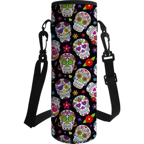 2021 Skull Printed Water Bottle Carrier Neoprene Water bottle Holder Bag Case Pouch Cover 500-1000ML Adjustable Shoulder Strap
