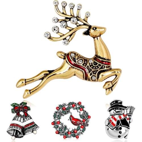 Christmas Enamel Brooch Pins for Women Men Snowman Santa Claus Crystal Brooches Badges for Clothes Jewelry Accessory Xmas Gifts