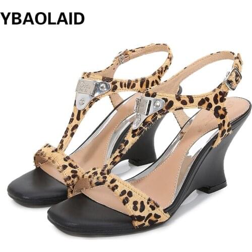 Fashion Sexy Horsehair Word Buckle Belt Wedge Leopard Print Sandals Summer New Open Toe Hollow Metal Decorative High Heels
