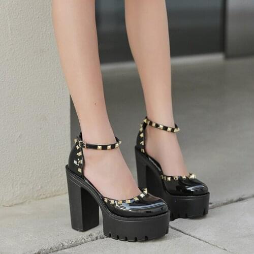 Wedges Leather shoes women spring Mary Jane shoes womens Black Round Toe high heels retro platform Punk shoes Lady Pumps