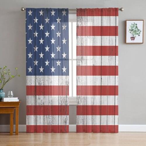 Vintage Wooden American Flag Window Curtains Bedroom Modern Drape Sheer Tulle Valances Living Room Kitchen Voile Curtain