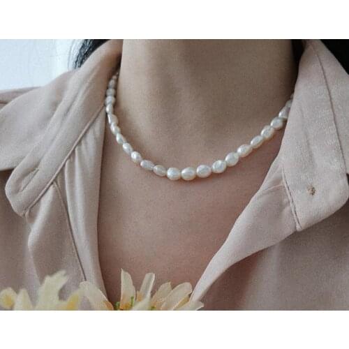 8x9mm white baroque Pearl necklace gold clasp natural Freshwater PEARL Women Jewelry 17'' 43cm 35cm