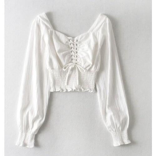 2021 New Sequare Collar Women Blouse Solid White Long-Sleeved Short High Waist Drawstring Female Pulls Outwear Tops