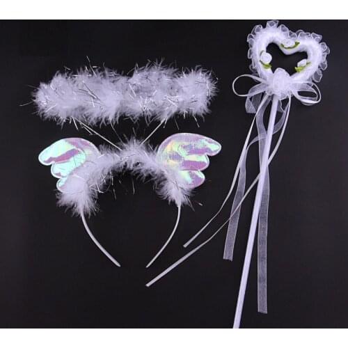 Girl Women fairy wings headband wands set feather hair band magic wand child princess party performance props event gift
