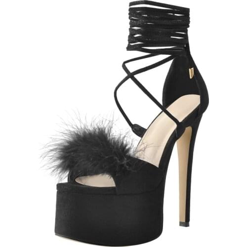 Richealnana Womens Platform Round Open Toe Sandals Blcak Feather High Thin Heels Ankle Wrap Flock Criss Cross Ladies Shoes