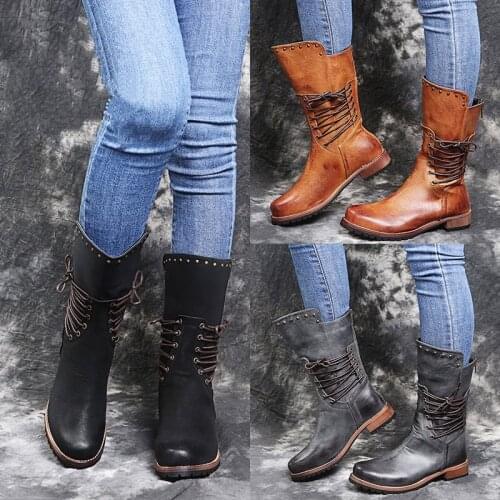 Female PU Leather Boots Autumn Winter Cross Frenulum Low Heel High Quality Warm Rubber Sole Round Head Solid Color Fashion Boots