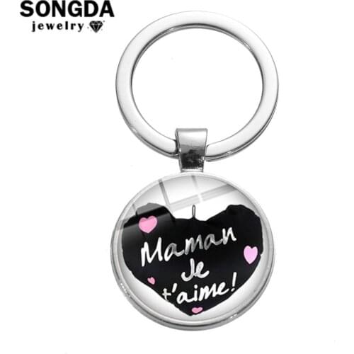 SONGDA Family Love Mom And Dad Keychain French Letter Je T'aime Maman Papa Key Chain Cartoon Printed Glass Dome Key Ring Holder