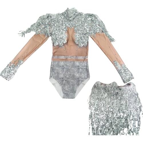 Luxury Big Crystal Sequin Chain Women Stretch Tight Bodysuits Skinny Silver Rhinestone Jumpsuits for Women Dancer Rompers