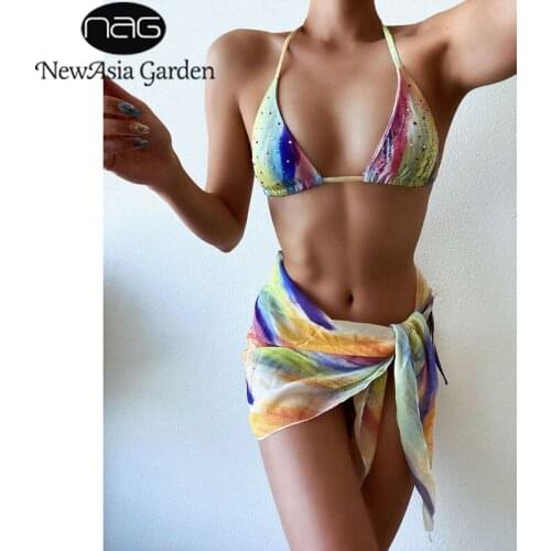 NewAsia Bathing Suit Women Glitter Diamond Padded Bra Chiffon See through Swimsuit Cover up Summer Tie Dye Bikini 3 Piece Sets