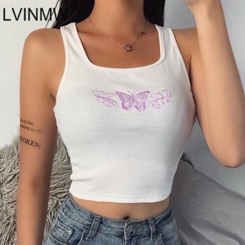 LVINMW Sexy Bandage Square Collar Sleeveless Embroidery Butterfly Top 2020 Summer Women Knitting Slim Soft Elastic Streetwear