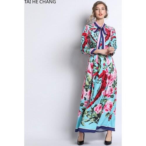 Women Dress Long Sleeve New Fashion Retro Spring Summer Elegant Bodycon Vintage Party Runway Print Stand Office Maxi Dresses